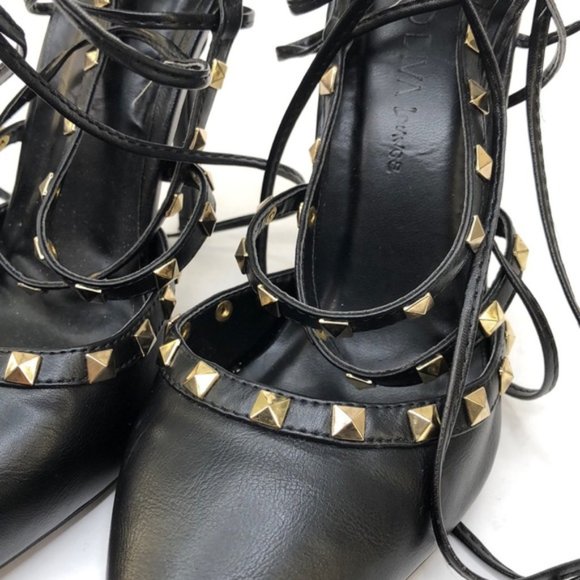Wild Diva Black Gold Studded Leg Wrap Heels, 7 - Picture 3 of 10